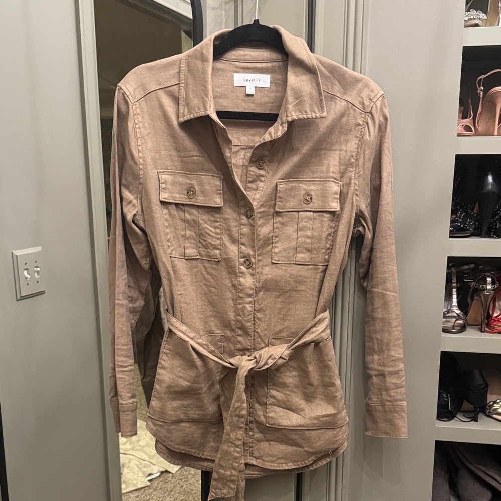 Level 99 Tan Utility Shirt Jacket with Self-Tie Waist